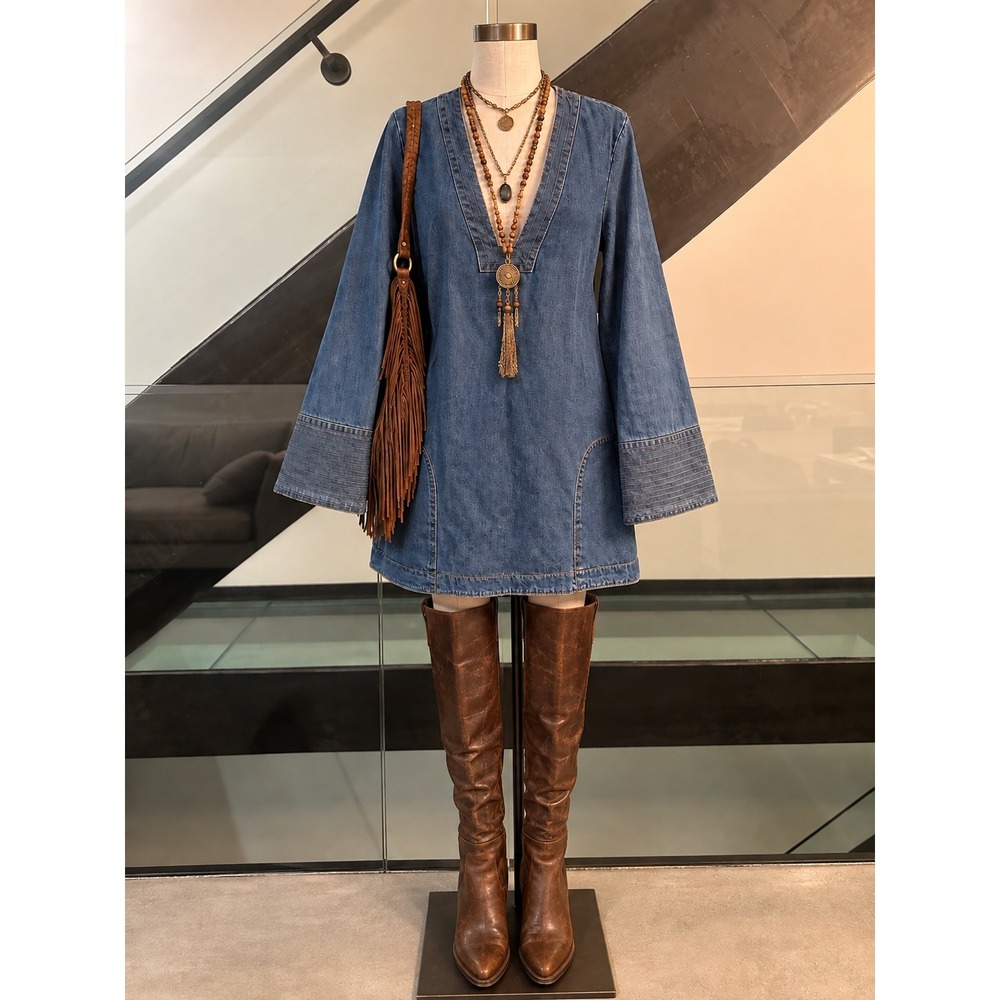 Free People Denim Mini Dress Medium Wash V-Neck Bell Sleeve Boho Shift Size M